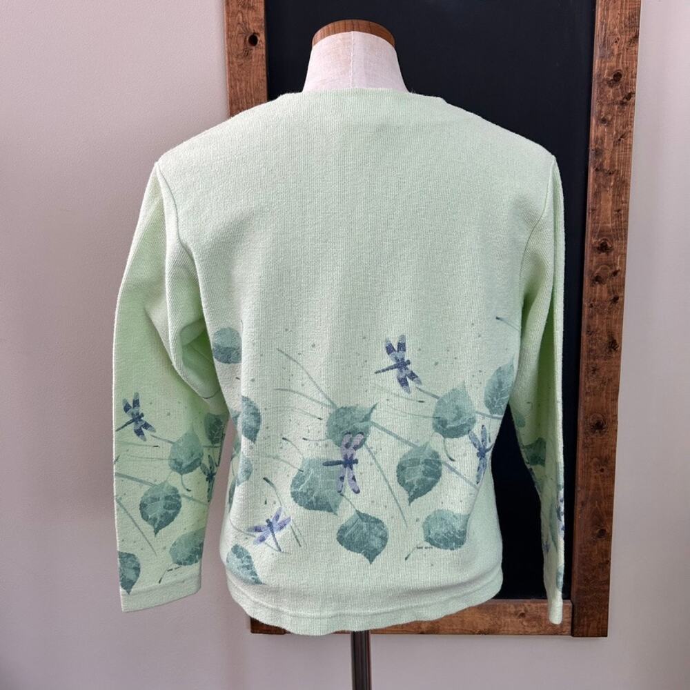 Vtg Artisans Screen Print Dragonfly Cardigan S Sage Green Botanical USA Cotton - Picture 10 of 10